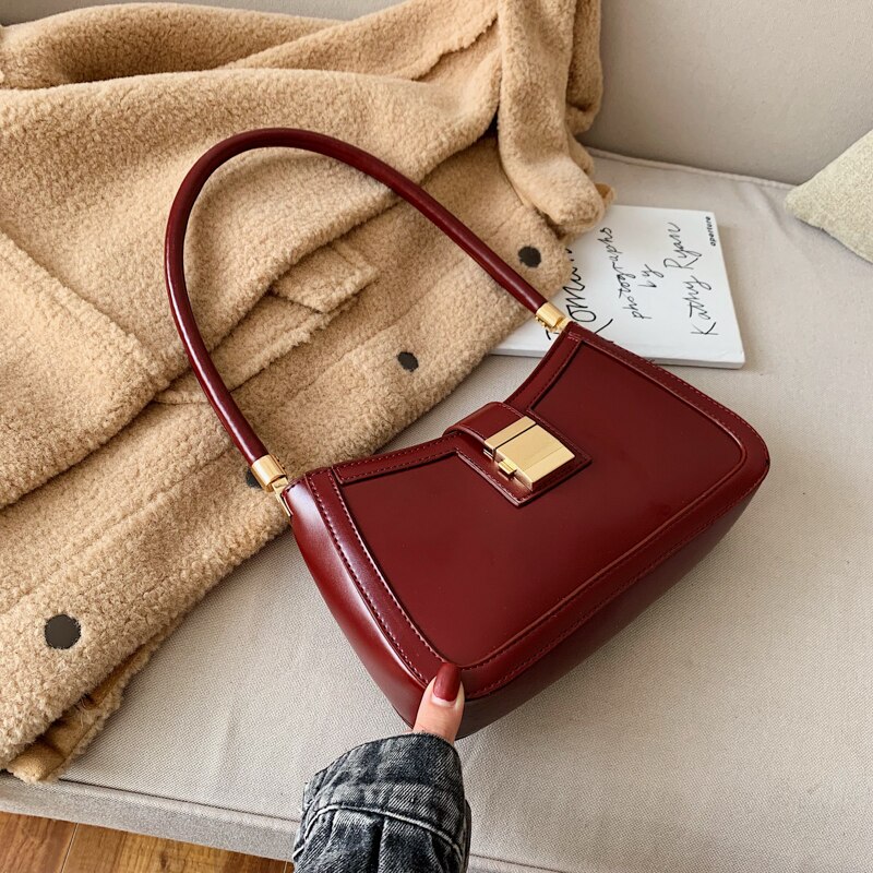 LEFTSIDE Solid Color PU Leather Shoulder Bags For Women 2022 hit Lock Handbags Small Travel Hand Bag Lady Bags: Red