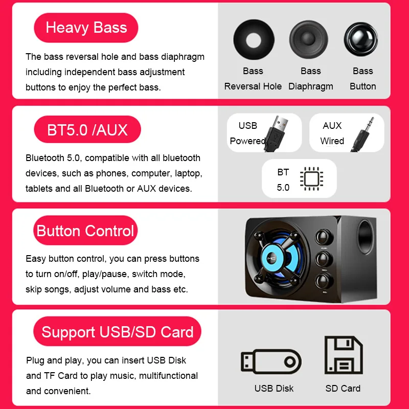 Hifi 3d stereohøjttalere farverig led lys tung bas aux usb kablet trådløs bluetooth lyd hjemmebiograf surround sound bar tv
