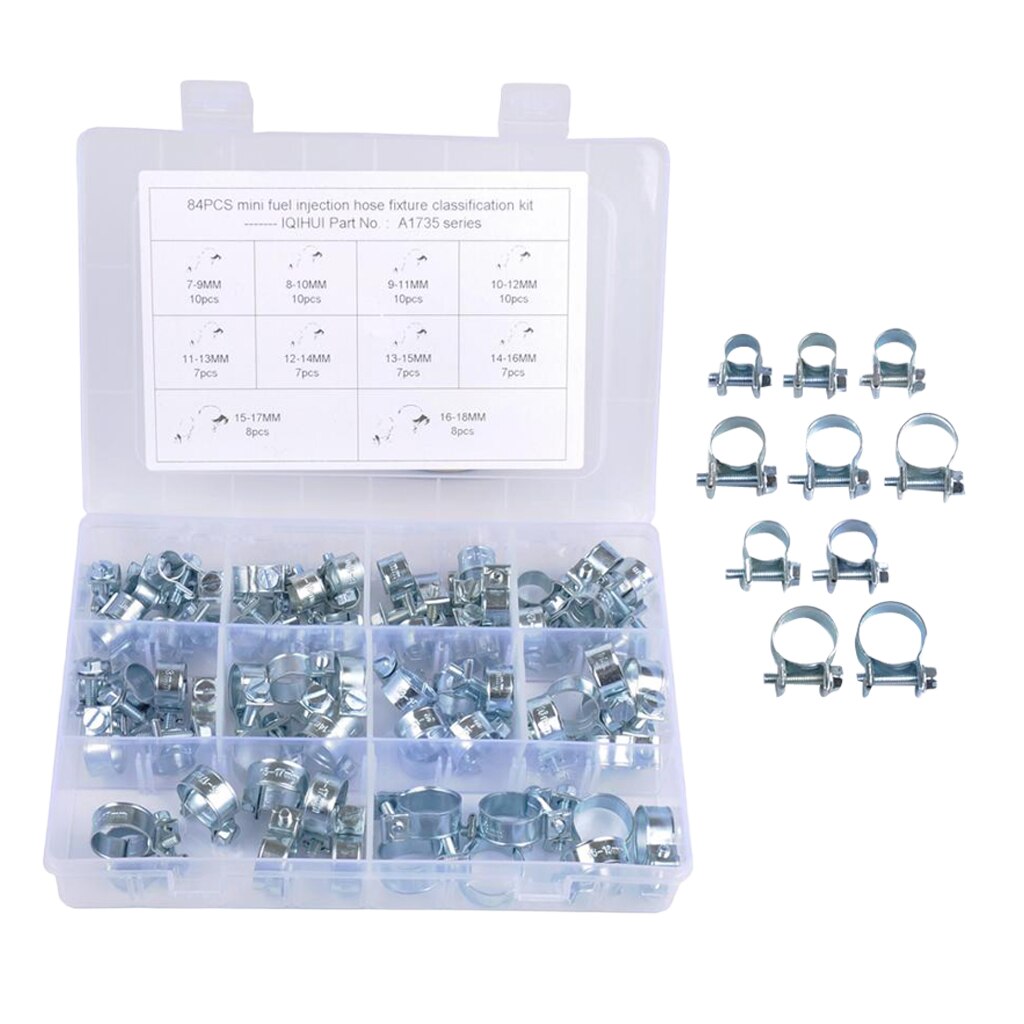 84Pcs/Set 10 Sizes Mini Fuel Line Hose Clamps Assortment Kit, Clamp Range: 7-18mm (2.7 - 7inch)