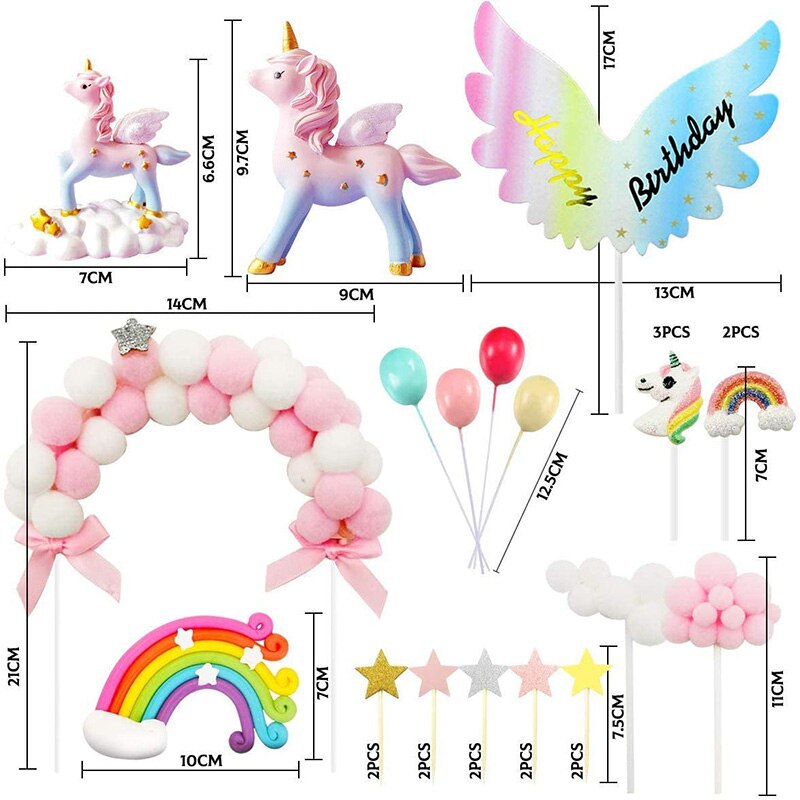 Unicorn tårta topp hatt, födelsedagstårta dekoration , 1 rosa päls bollbåge 1 regnbåge 1 grattis på födelsedagen banderoll 2 moln 4 ballonger 10 st