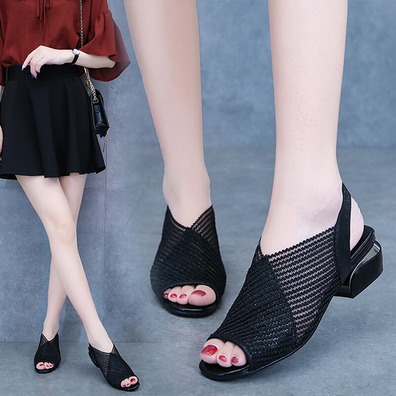 Women Sandals Spring Square Heel Slingback Sandals Slippers Mules Shoes Woman Mesh Open Toe Female Slip On Shoes