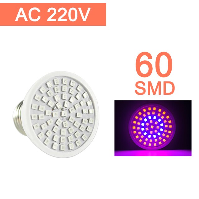 Led Grow Light E27 Led Lamp Volledige Spectrum 4W 3W 50W 80W AC85-265V Indoor Plant Lamp ir Uv Voor Bloeiende Hydrocultuur Systeem: 60SMD AC 220V