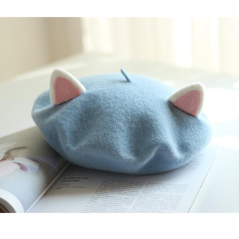Gorro de pintor para mujer, gorro de lana hecho a mano con orejas de gato, creatividad, bonito gorro de Otoño Invierno, disfraz de fieltro de lana, boina divertida de dibujos animados: Azul