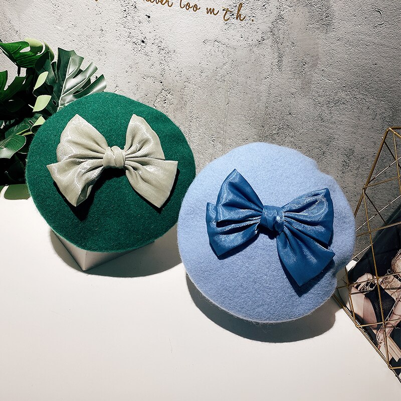 Béret en laine avec nœud papillon pour femme, chapeau avec motif de biscuits, de couleur unie, idéal pour l&#39;automne et l&#39;hiver