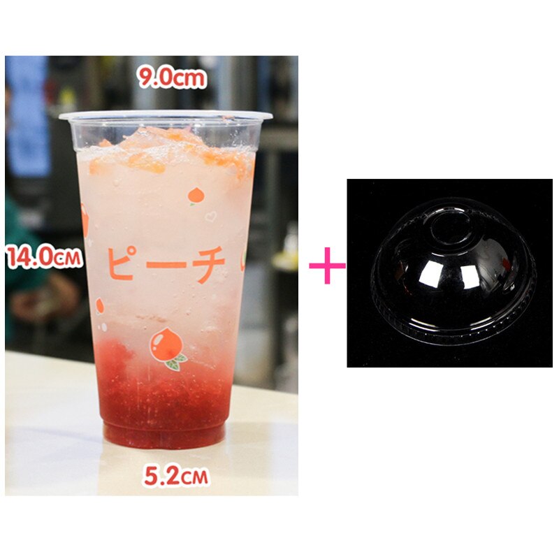 50pcs 90 caliber 500ml transparent cold drink cup fruit lemon peach pattern disposable juice plastic cups with lid: cup and lid7