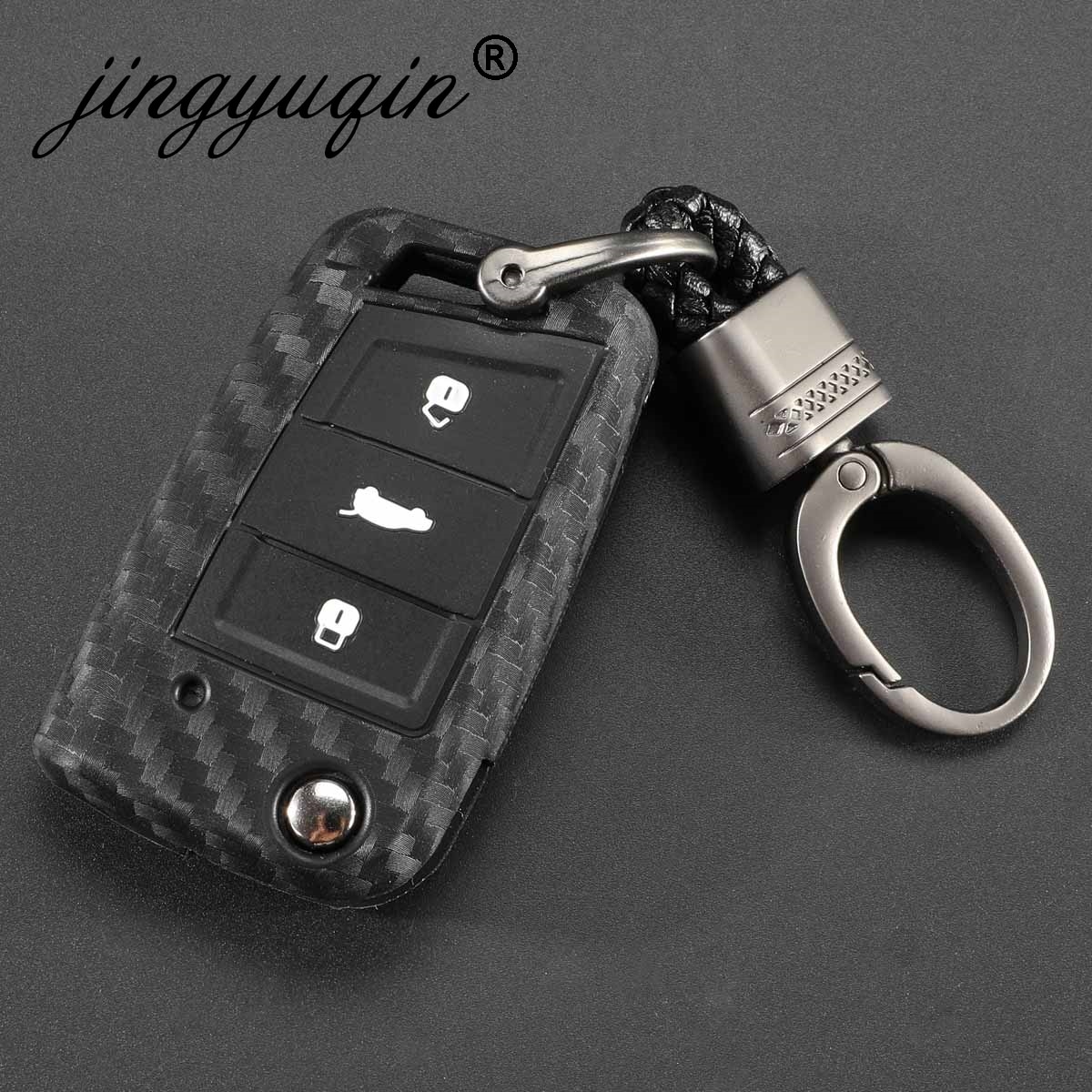 Carbon Silicone Key Case Cover For VW Polo Golf 7 Tiguan Skoda Octavia Karoq SEAT Ateca Leon Ibiza KeyChain Key Ring
