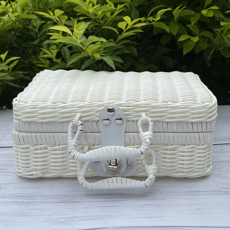 Rattan Portable Storage Box Picnic Basket, Photo Prop Box Suitcase Hand Box Storage Basket with Lid, Rattan Box: 35X24X12CM / Off-white