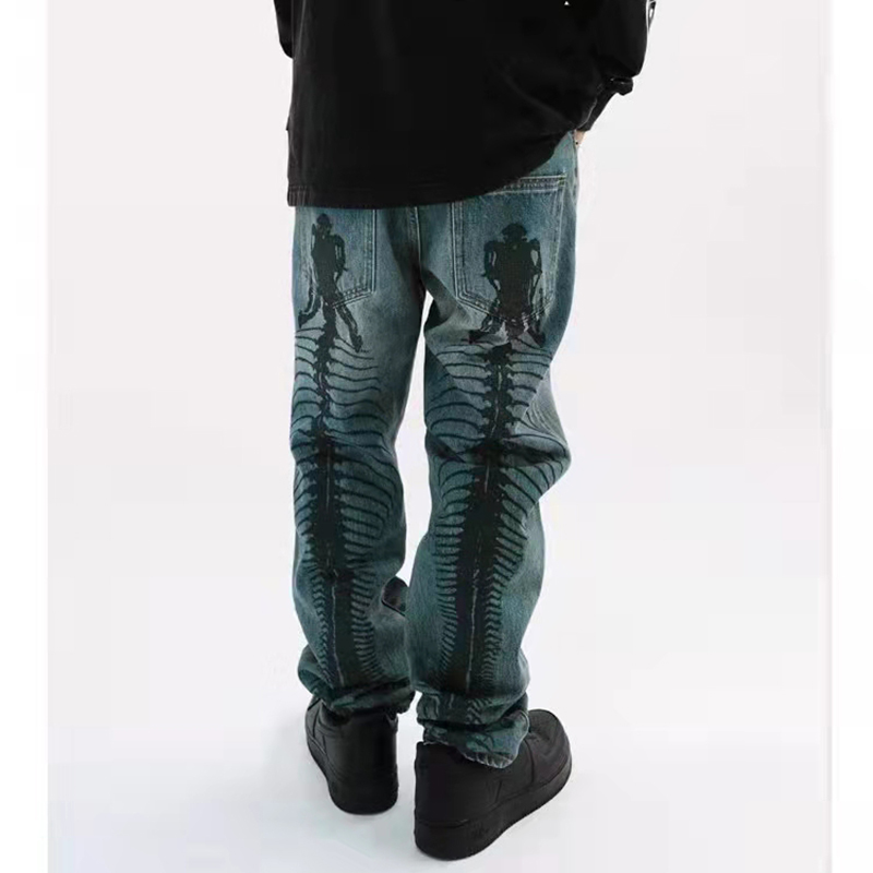 High Street-pantalones vaqueros pintados a mano para hombre, vaqueros rectos de gran tamaño, informales, Retro, rasgados y lavados