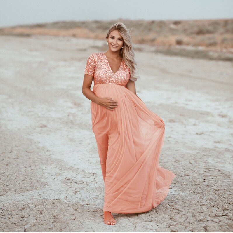 OUGES Moederschap Maxi Jurk V-hals Baby Wrap Zomer Douche Zwangerschap