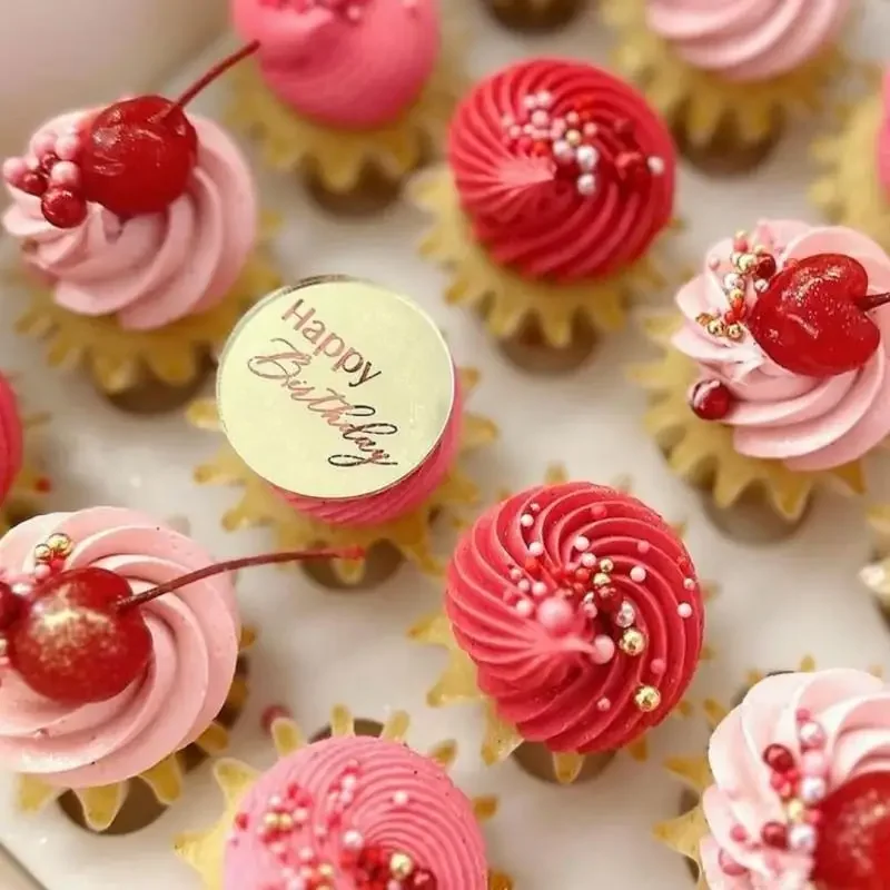 10 stück kuchenaufsätze „glücklich birthday“, goldfarbene, runde acryl-cupcake-aufsätze für kindergeburtstage, babypartys, tortendekorationszubehör: Multi