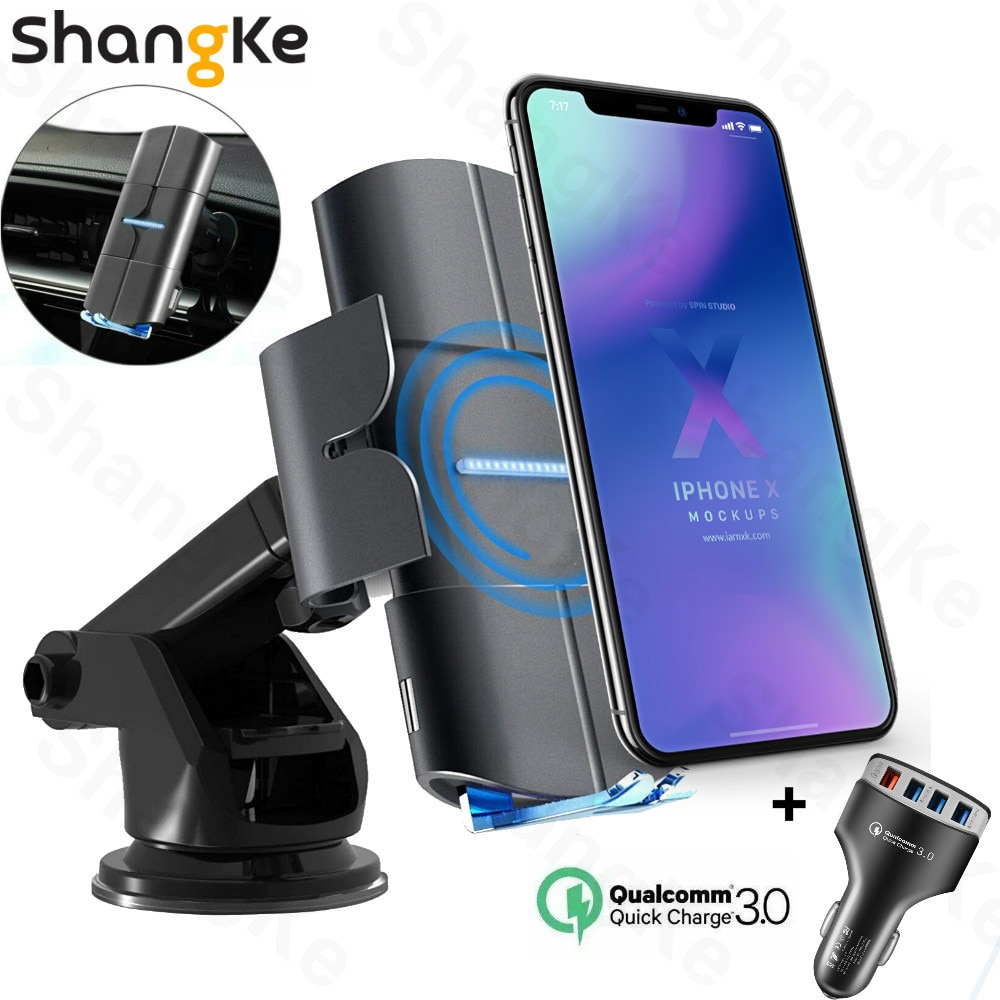 Aperto automático carregador de carro sem fio qc 3.0 qi 10 w carregamento rápido montagem do carro para o iphone 11 xs xr x samsung s10 + s9 s8 nota 9