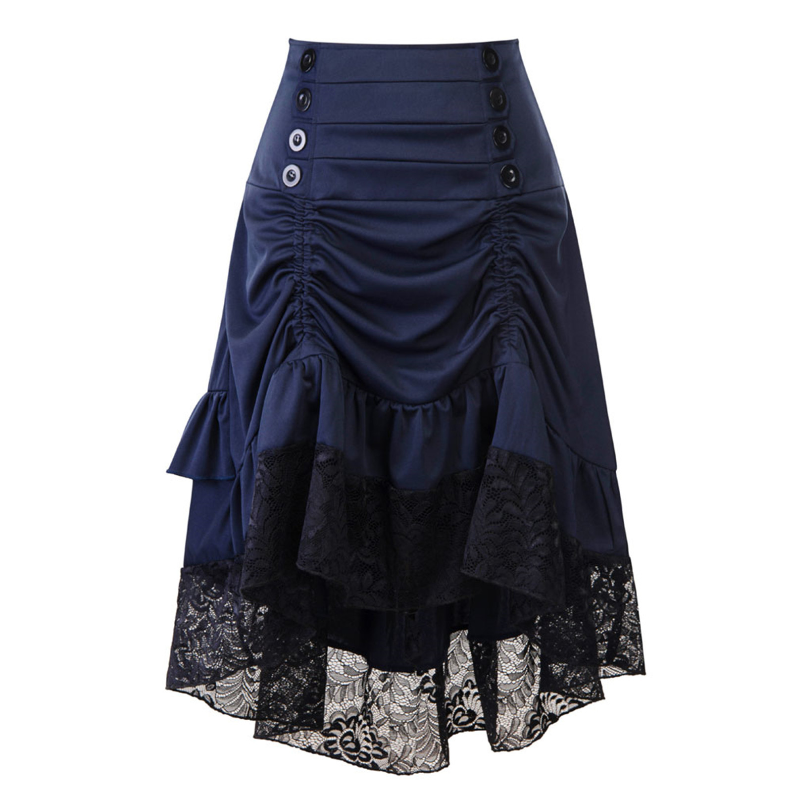 Halloween Half Skirts Gothic Solid Color High Waist Button Lace Stitching Ruched Drawstring Irregular Skirt Medieval Faldas: S / Blue