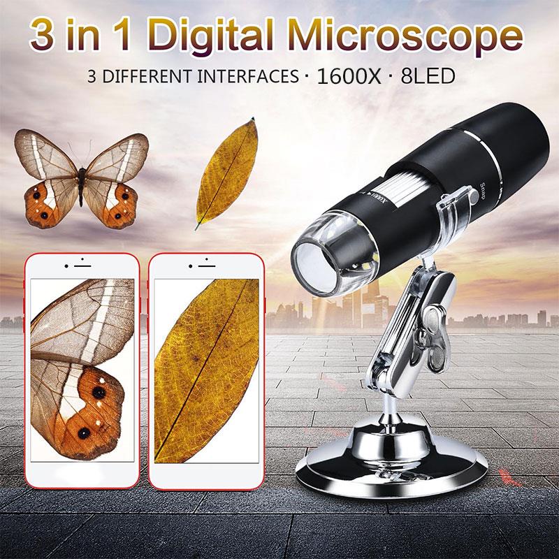 Microscope 8 LED 500-1600X Handheld Portable Digital Microscope USB Interface Electron Microscopes with 8 LEDs with Bracket