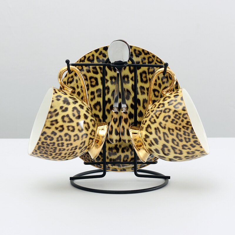 Porzellan Kaffee Tasse und Kaffee Tasse Erzähler einstellen Knochen China Geschirr Getränk Leopard drucken Luxus Steak Geschirr: 2 Tasse setzt