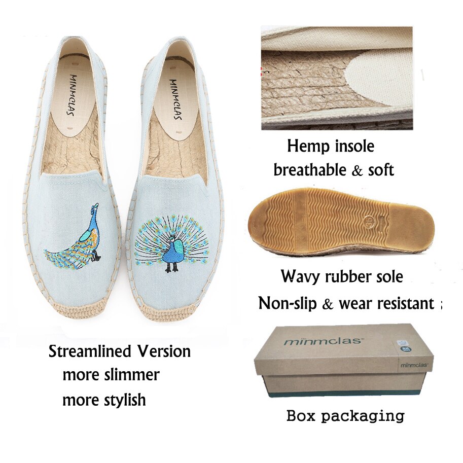 MInmclas Pauw Borduurwerk Comfortabele Slippers Womens Casual Espadrilles Schoenen Ademende Vlas Hennep Canvas voor Meisje Schoenen