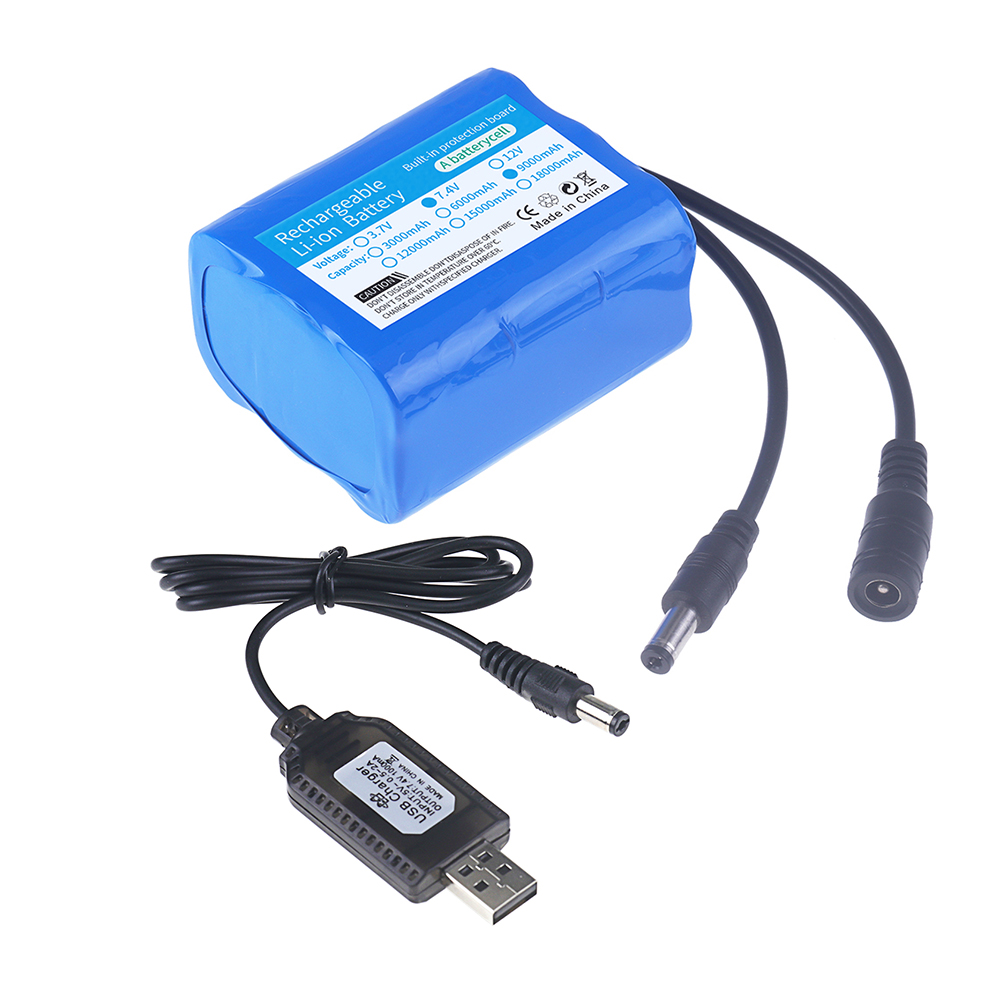 Batería de iones de litio de 7,4 V, 18650 2S, Cargador USB, 3000mah, 6000mah, 9000mah, 12000mah, Control remoto, piezas de repuesto para barcos de cebo de pesca: Azul