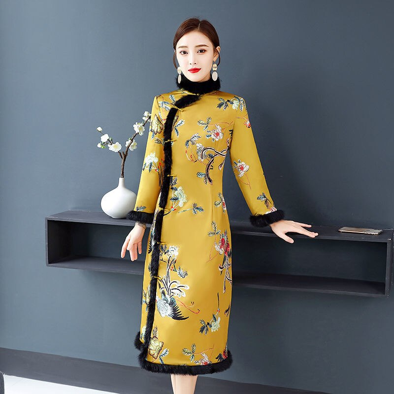 Yellow Print Mid-length Slim Qipao Chinese Dress Women Hanfu Traditional Oriental Robe Winter Thicken Warm 2022 Cheongsam: S