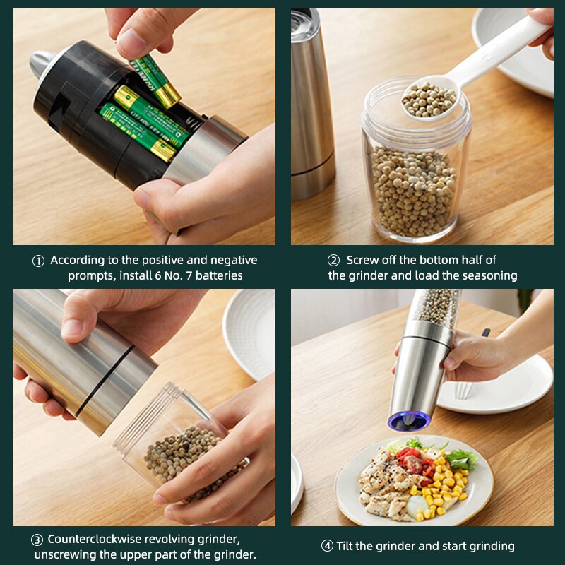 saengQ Electric Pepper Grinder Pepper Mill Stainless Steel Automatic Gravity Induction Salt Kitchen Spice Grinder Tools
