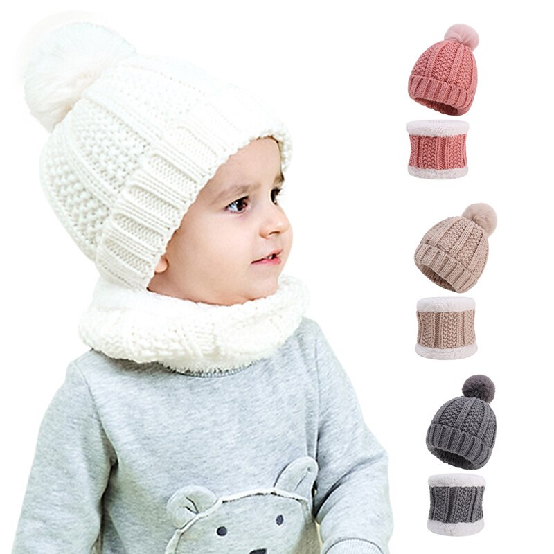 Tweedelige muts sjaal set muts kindermutsen meisjes mutsen bal pompon houd warm winter gebreide skullies kinderen bot