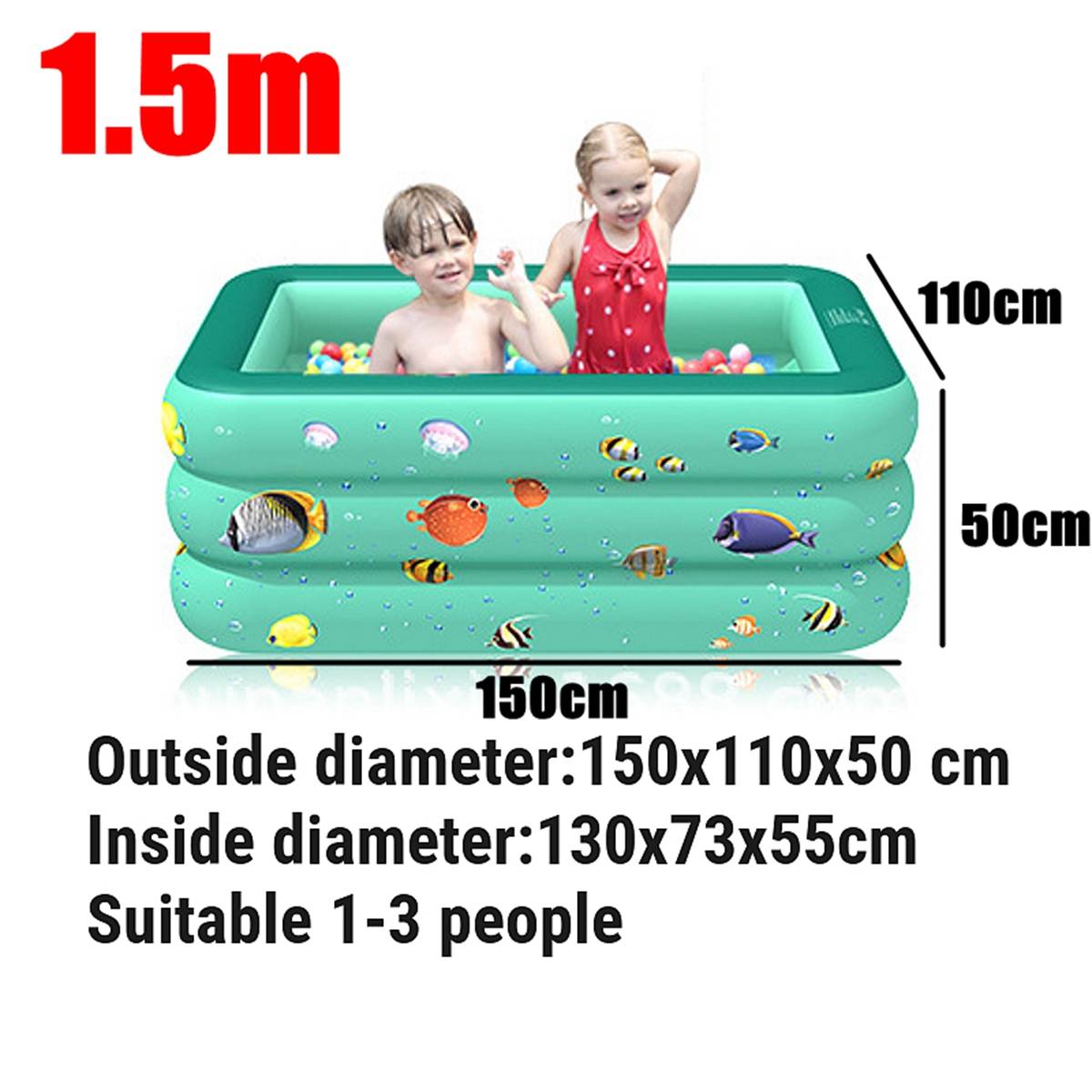 120/130/150cm Children Bathing Tub Baby Home Use Paddling Pool Inflatable Square Swimming Pool Kids Inflatable Pool ball pit: Green  1.5M