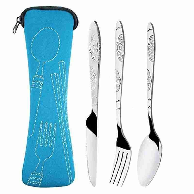 Cuchillos de acero con tenedor y cuchara para viaje familiar, conjunto de cubertería portátil con bolsa de almacenamiento, 4 Uds.: blue