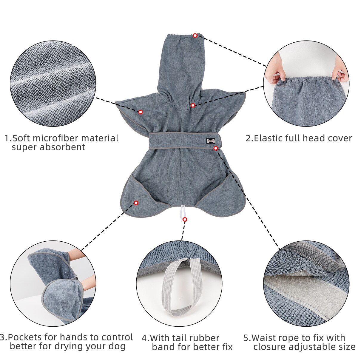 Albornoz para perro, bata de baño para mascotas, abrigo de secado, toalla absorbente para perros grandes, medianos y pequeños, secado súper rápido, suave y ajustable