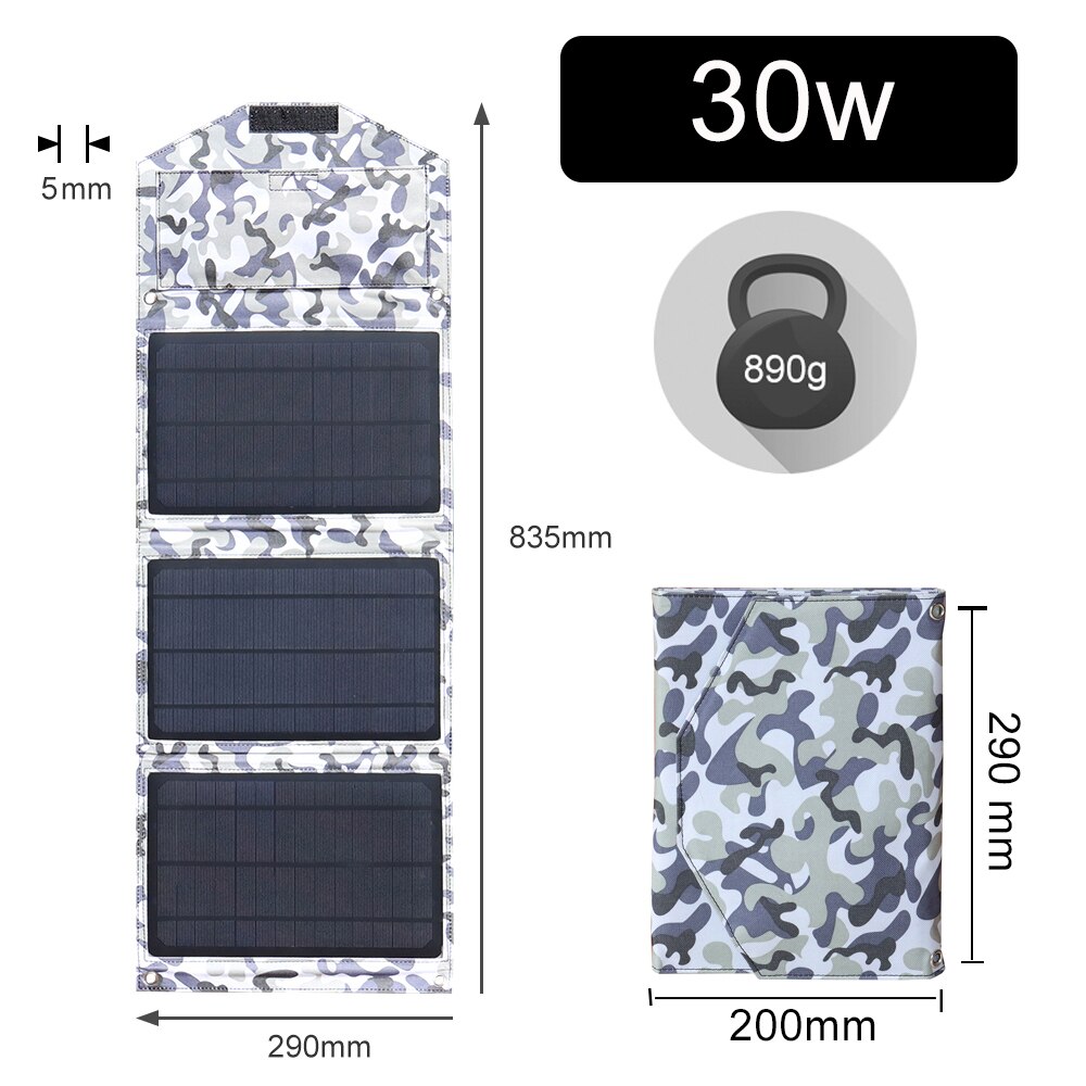 Taitettava aurinkopaneeli 30w 5v kannettava aurinkolaturi dual usb kannettavaan puhelimeen tablet -kamera valo akku ulkona retkeily vaellus: 30w naamiointia