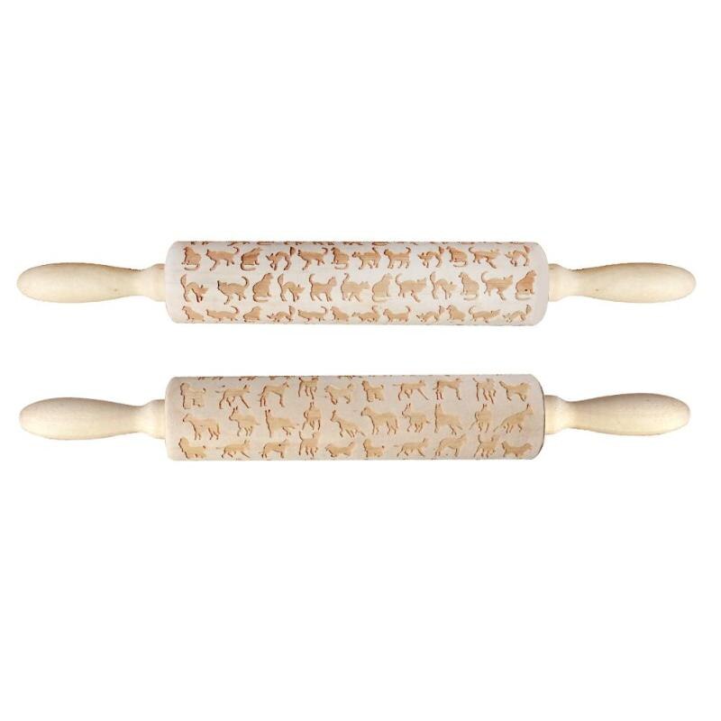 Cute Animal Wood Embossing Rolling Pin for DIY Baking Cookies Noodle Biscuit Fondant Cake Dough Engraved Roller