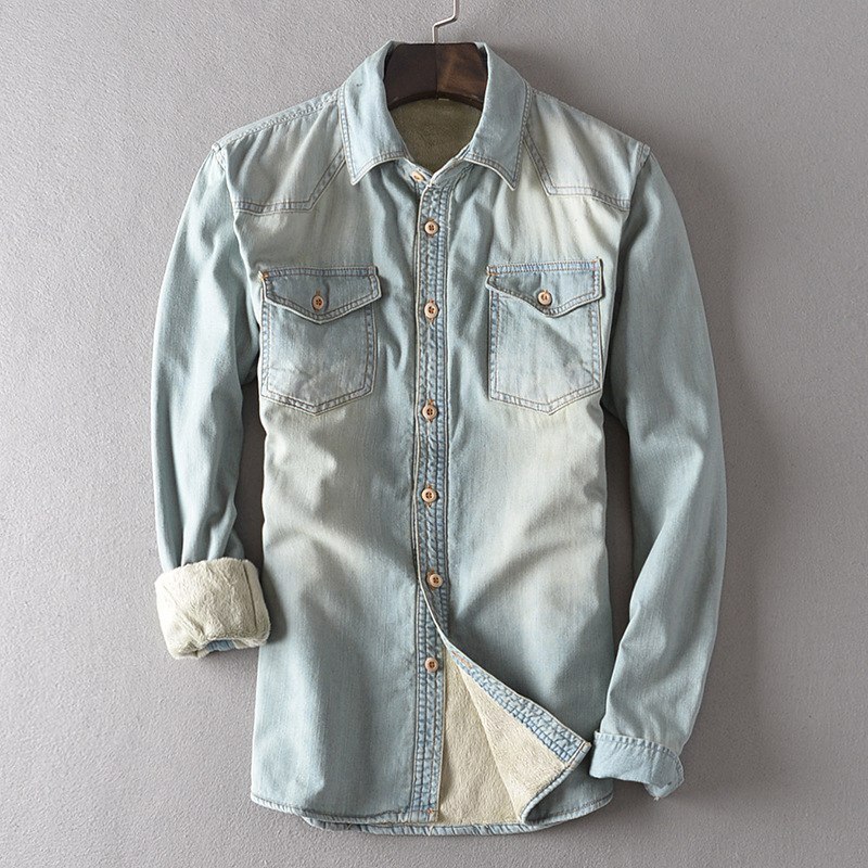 Vinter jeans mænds vinter denim skjorter lange ærmer slim fit jean skjorte løs slank varm tyk hyggetøj varmt streetwear: Lyseblå / Asiatisk størrelse l