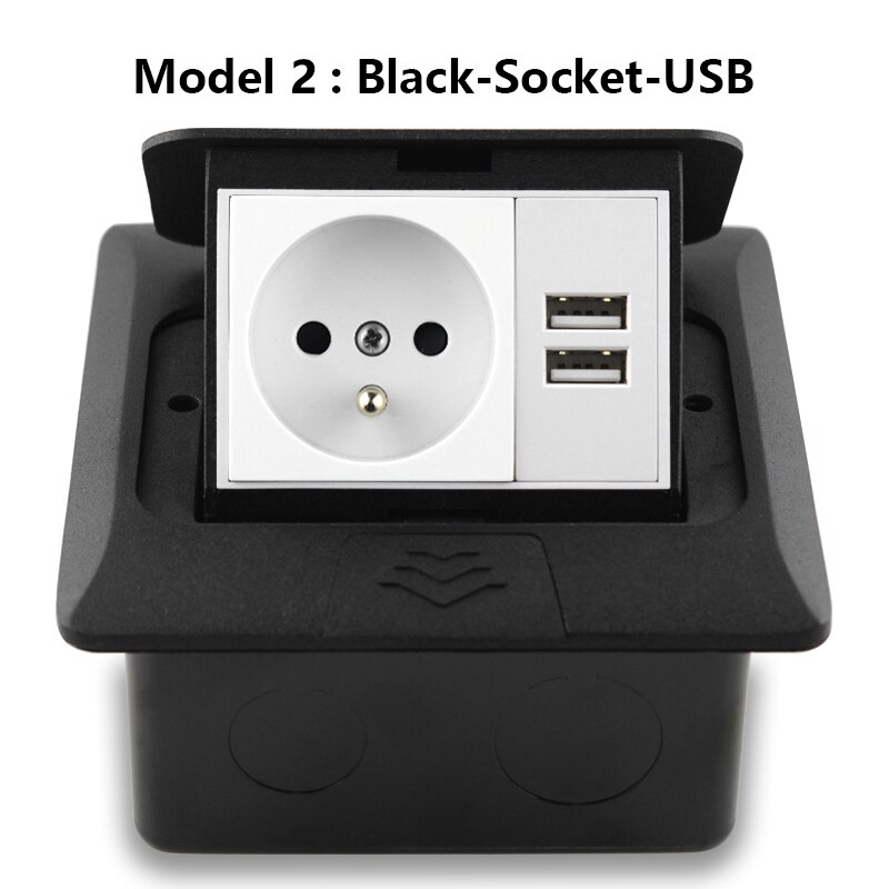 16A France Standard Socket Universal 2 Pin With USB Charging Port Pop-Up Floor Socket 2 Way Power Outlet Aluminum Alloy Office: Black-Socket-USB