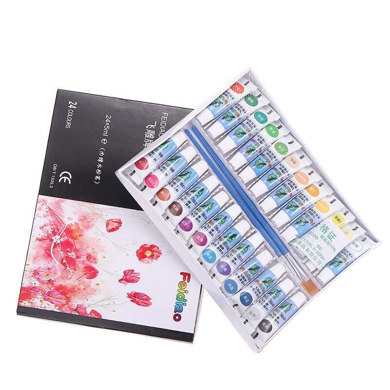 24Colors Oil Paint Drawing Pigments Art Supplies Tool Set 5ml Paint Tube Gouache Drawing with 2 Brushes DIY Painting Accessories