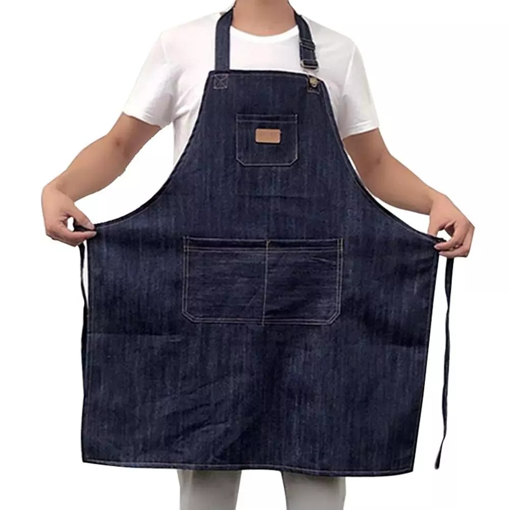 Voksenforkle, justerbart denimforkle for husholdning med lommetilbehør for kvinner, mørkeblå