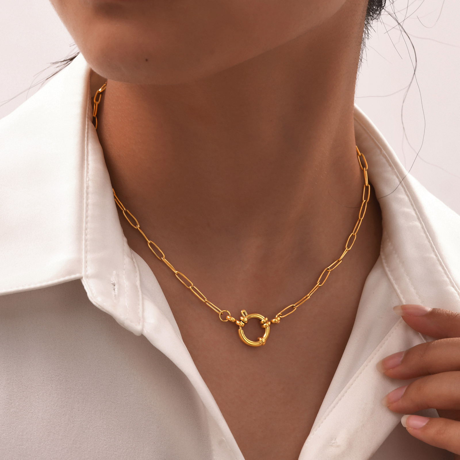 Paperclip ketting choker ketting, dames roestvrijstalen lente gesp hanger ketting, waterdichte 18k vergulde sieraden