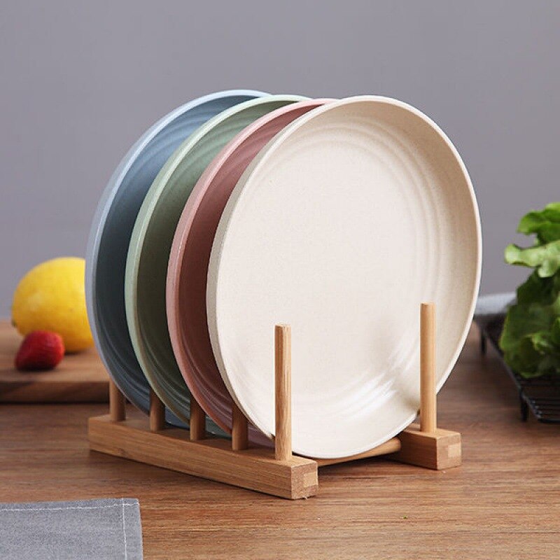 4 Pcs Wheat Straw Cutlery Plate Household Dish Plate Set Fruit Plate Dish Cooking Plate 9 Inches: Four-color