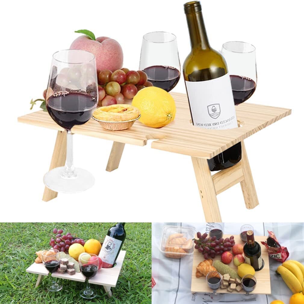 Outdoor Picnic Camping Portable Wooden Table Folding Barbecue Table With Glass Wine Rack Travel Foldable Fruit Table