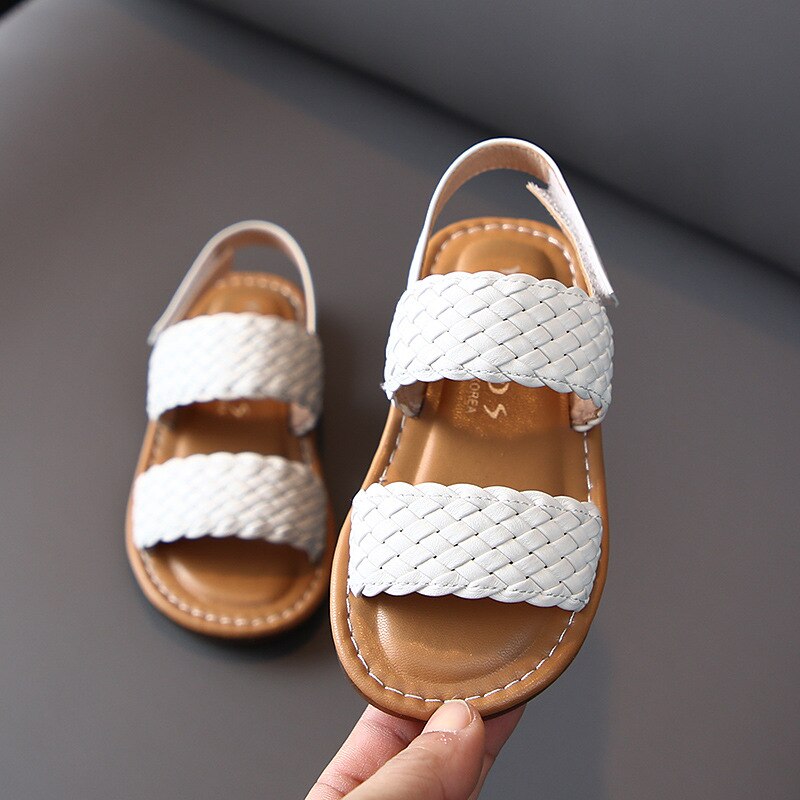 Tissage de sandales pour enfants | Chaussures d'été, solides et douces, 14-19cm, blanc marron, pour bébés filles de 0-6 ans