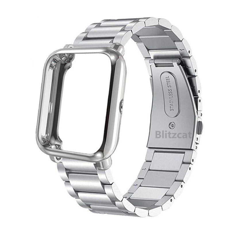 For Amazfit Amazfit Bip 5 3 S U Pro Lite Band Stainless Steel Metal Strap For Amazfit GTS4 3 2e Mini with Screen Protective Case: M / Midnight Blue
