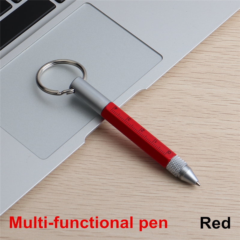 Genkky caneta esferográfica multifuncional, mini caneta esferográfica multifuncional de metal, com ponta esferográfica, jogo de régua, fivelas chaveiro com tinta preta e azul: Red With Blue Ink