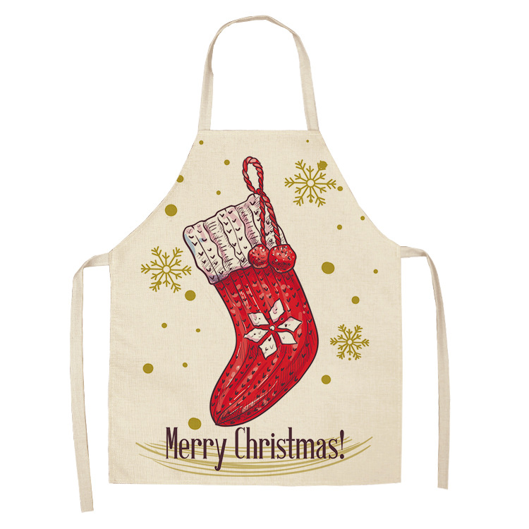 Christmas Printed Women Kitchen Aprons Waterproof Cooking oil-proof Cotton Linen Antifouling Chef Apron man kid aprons: S / SKY BLUE