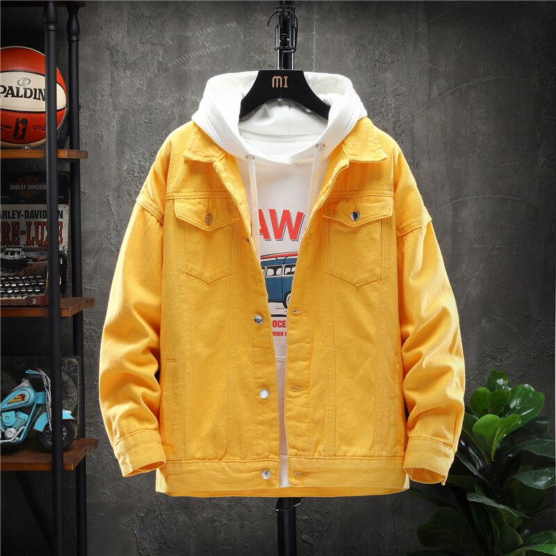 Hösten solid jeansjacka cowboy herr jacka casual jeans kappa långärmad herr kläder plus size toppar chaquetas hombre: Guld- / Xl