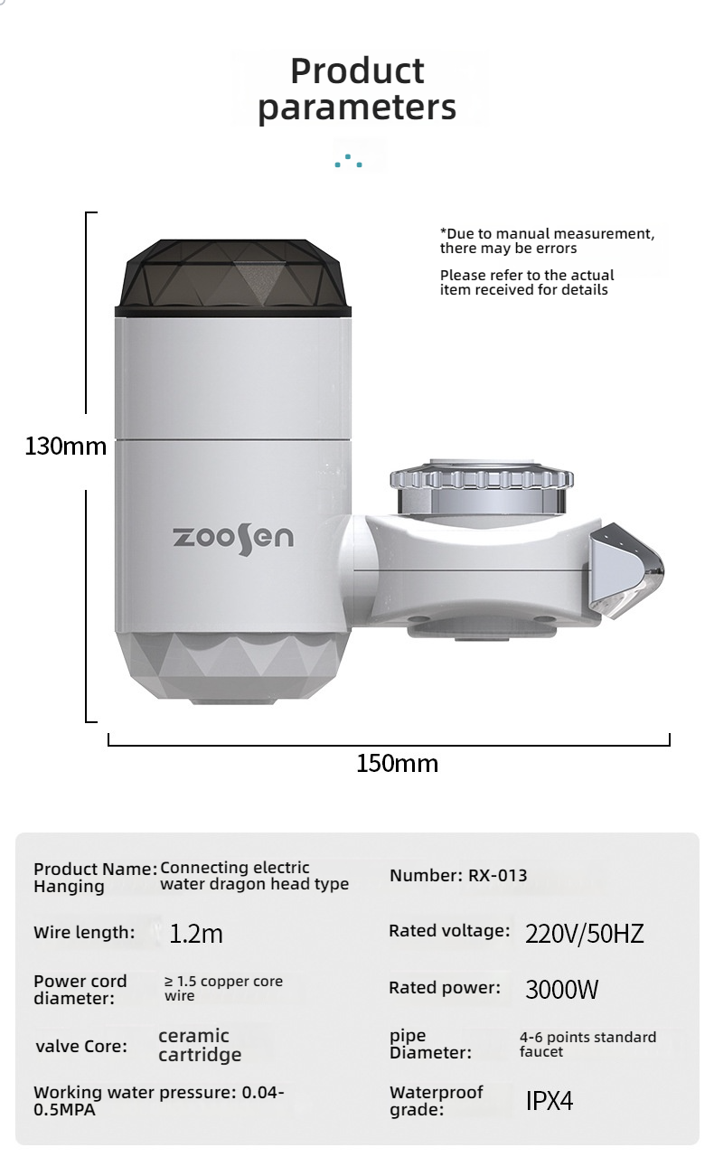 3000w elektriske varmtvannsberedere uten tank for kjøkken, hurtigoppvarmingskran med temperaturvisning: L / Hvit