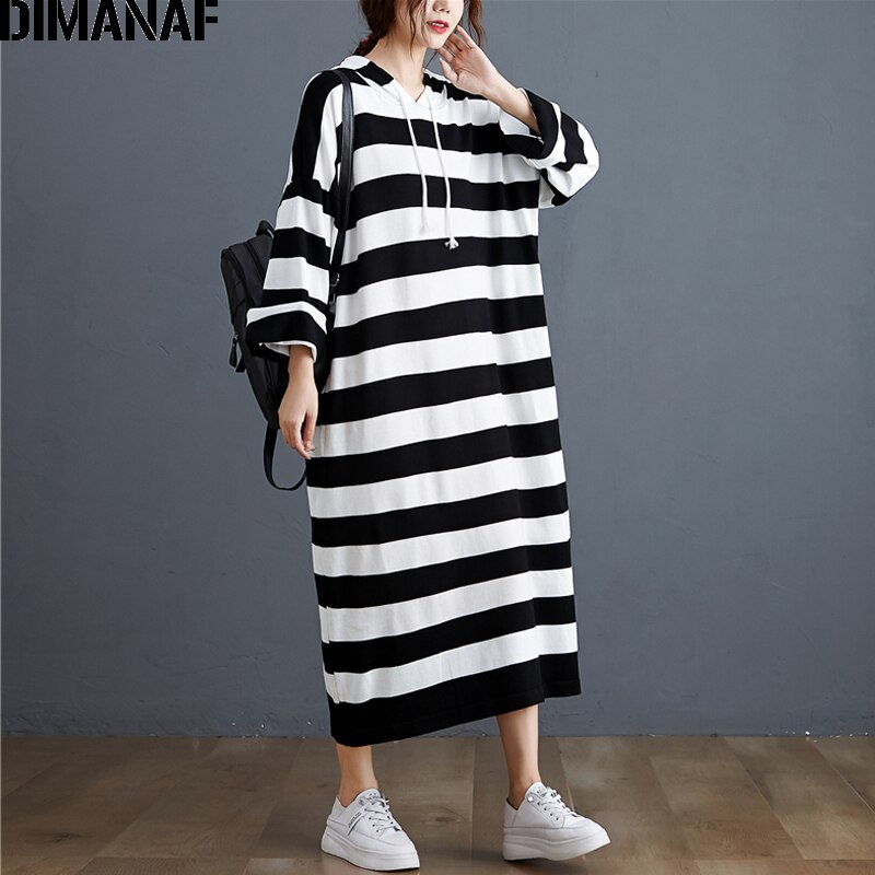DIMANAF-vestido para mujer en tallas grandes estampado de otoño algodón rayado con capucha, ropa femenina, informal, suelto, manga larga