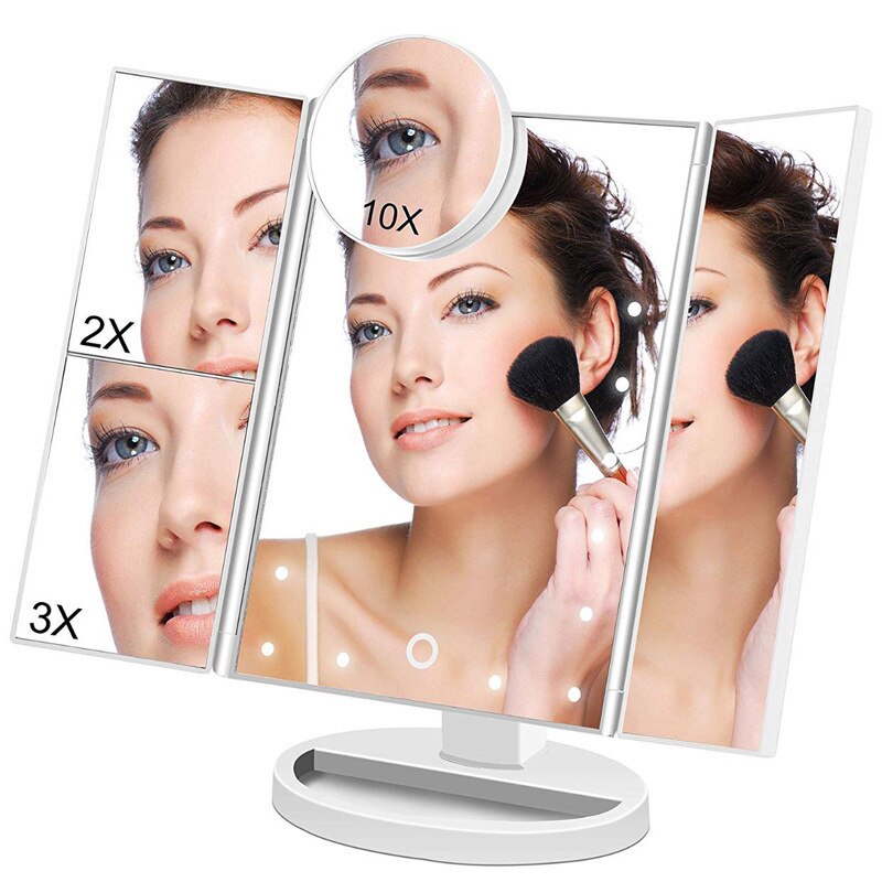 Touch screen baggrundsbelyst makeup spejl med led lys forfængelighed kosmetisk spejl til bord 2x/3x/10x forstørrelse 3- foldbar justerbar