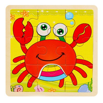 Mini Size 11*11cm Wooden 3D Cartoon Puzzle Jigsaw for Children Kids Cartoon Animal/traffic Puzzles Educational Toy Girl Boy: crab