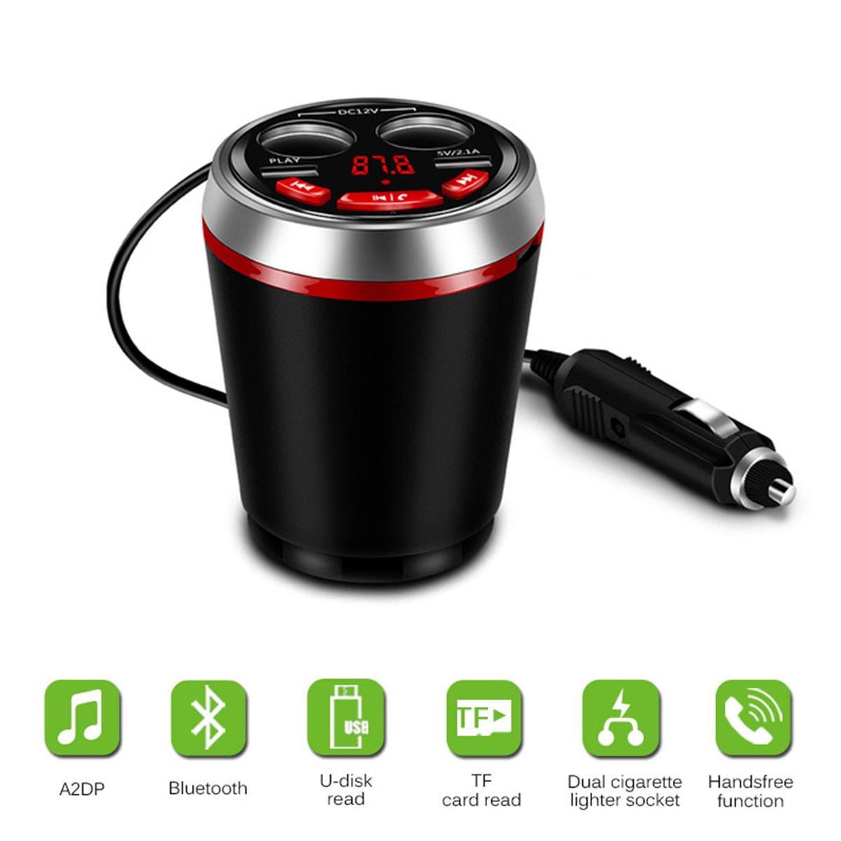 Car Bluetooth FM Transmitter Dual USB Car Charger Adapter Music MP3 Player Hands Free Car Kit Cup Holder Cigarette Lighter