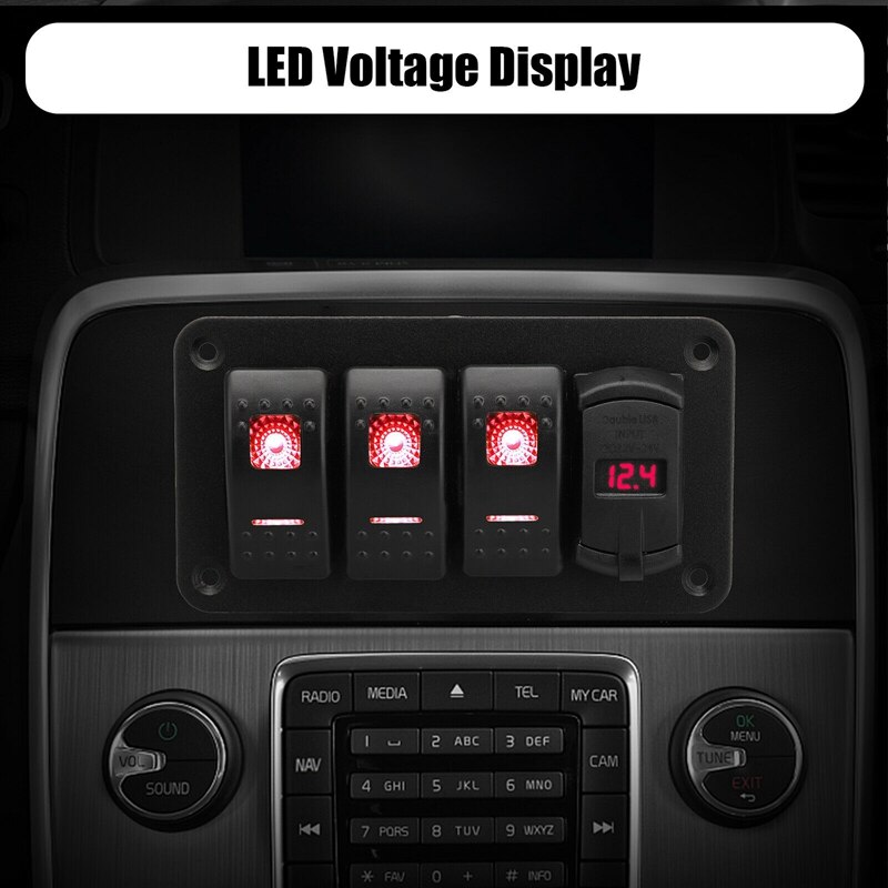 4 Gang Toggle Rocker Switch Panel with USB for Car Boat Marine RV Truck Red LED