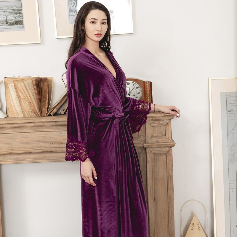 Bridesmai-Albornoz largo de terciopelo para mujer, bata de encaje para , suave, peluda, para boda, color morado