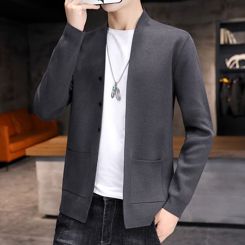 Smart stativ krave strikket cardigan herre langærmet lille knaplomme cardigan top herre efterår vinter sweater blød cardigan herre: Grå / Xl