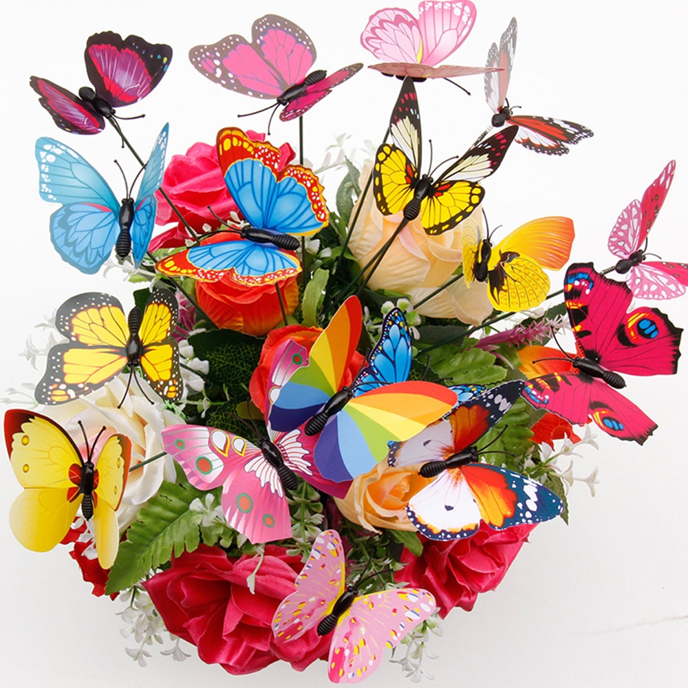 20 stk / sæt 3d farverig sommerfugl dekorativ på pinde hjem gård græsplæne blomsterpotte plante dekoration have ornament diy græsplæne håndværk