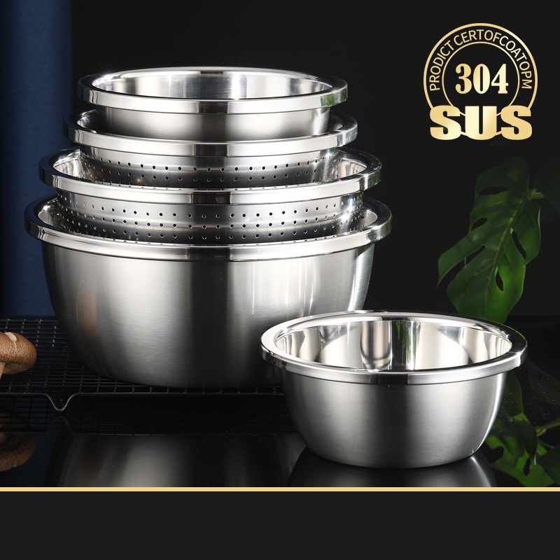 Stainless Steel Rice Sieve Washing Vegetables Basin Drain Basket Salad Egg Mixing Bowls Set Soup Basin Strainer Kitchen Utensils